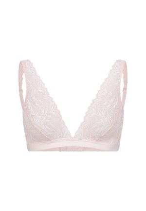 Lace bralette in zachtroze met een V-vormige halslijn, verstelbare bandjes en een gladde onderband. Een bloemenpatroon siert de stof.