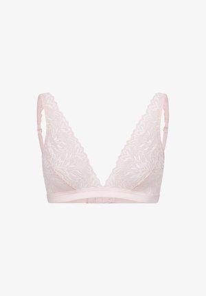 Spitzen-Bralette in sanftem Pink mit V-förmigem Ausschnitt, verstellbaren Trägern und glattem Unterband. Ein florales Muster ziert den Stoff.