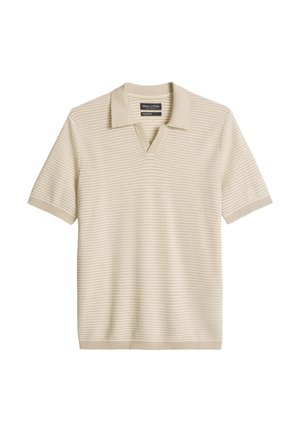 Polo beige in maglia a maniche corte con motivo strutturato, colletto a V con intaglio e polsini e orlo a coste.