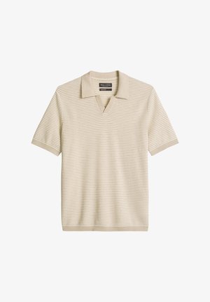 Polo beige in maglia a maniche corte con motivo strutturato, colletto a V con intaglio e polsini e orlo a coste.
