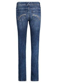 Niebieskie dżinsy, prosty krój, z tylnymi kieszeniami z zaokrąglonymi szwami, zamek błyskawiczny i lekko zużyta tekstura.