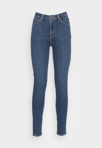 Jeans pitillo de cintura alta en denim azul oscuro. Con cinco bolsillos, pasadores para cinturón y una cremallera con cierre de botón metálico.