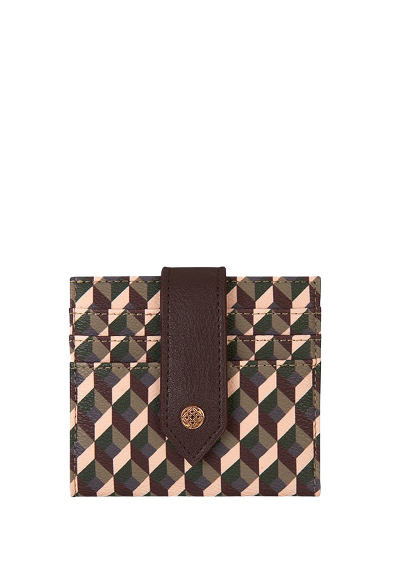Leather cardholder with geometric pattern in tan, brown, and green. Features a brown leather strap and a decorative button.