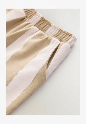 Pantaloni con vita elastica, caratterizzati da strisce beige e bianche, tessuto morbido e tasche laterali per una maggiore funzionalità.