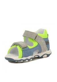 Modré a šedé sandály s neonově zelenými akcenty, vyrobené z textilu a semiše, s dvěma nastavitelnými suchými zipy a texturovanou podrážkou.