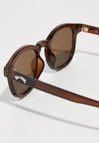 Braune transparente Sonnenbrille mit runden Gläsern, ausgestattet mit einem auffälligen Rahmen und geraden Bügeln. Mit Branding-Detail an der Seite.