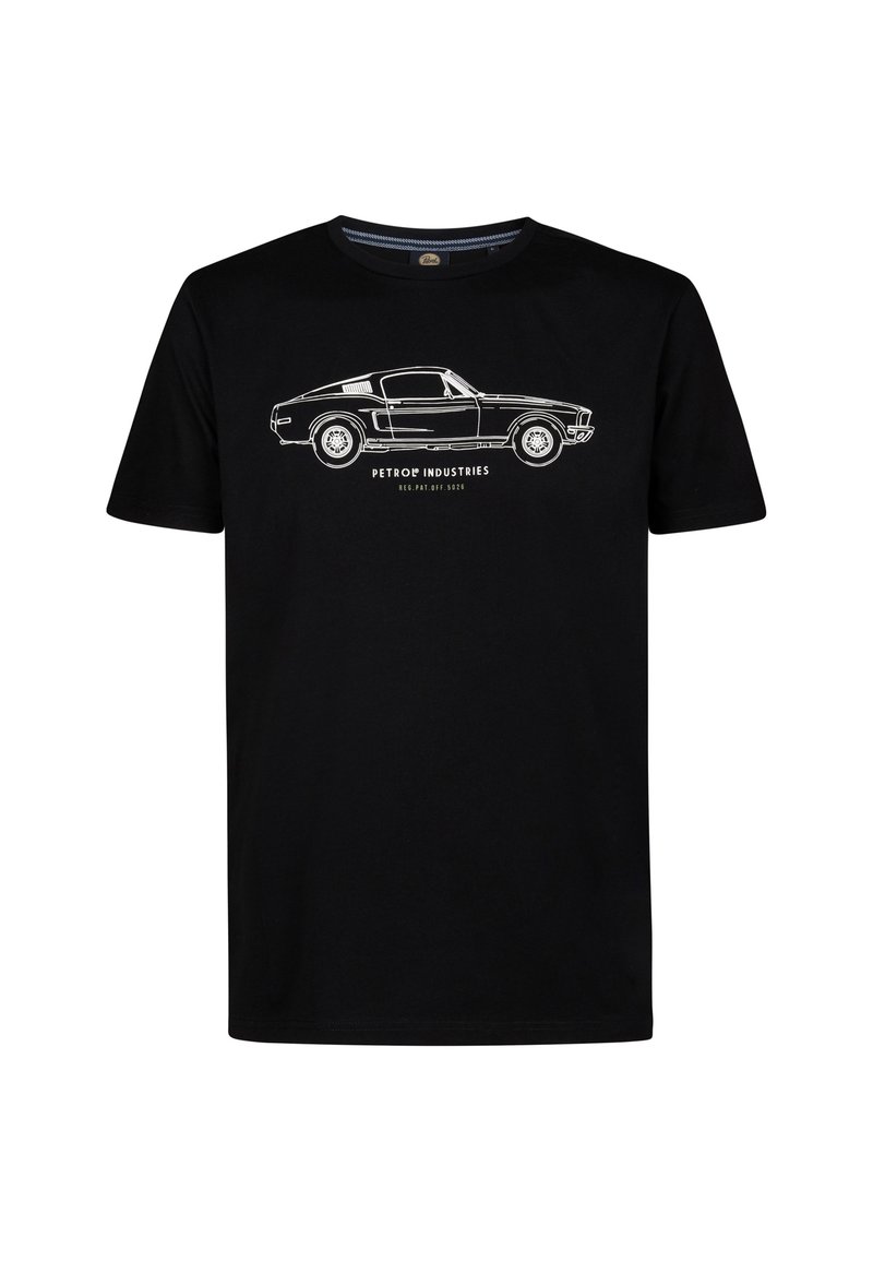 Sort bomulds-T-shirt med korte ærmer, der har et hvidt konturgrafik af en vintage bil og teksten "PETRO® INDUSTRIES".