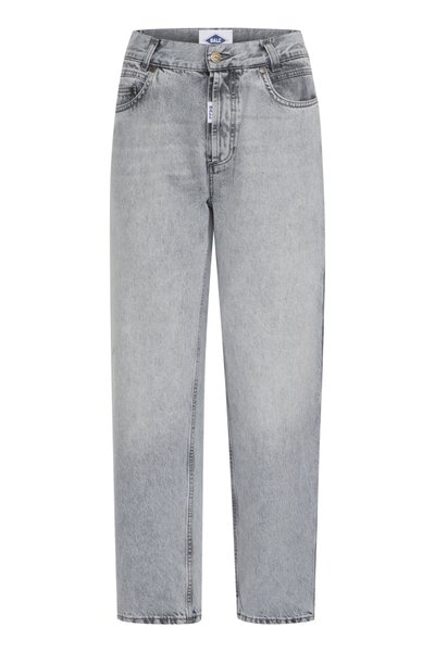 Jeans en denim gris à taille haute, avec une coupe droite, cinq poches et une fermeture à bouton. Présente une texture légèrement délavée sur l'ensemble.