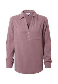 Long-sleeve mauve blouse with two chest pockets, a collar, button placket, and textured fabric on a white background.