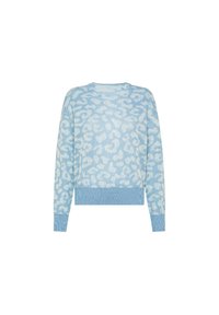 Maglione lavorato a maglia di colore azzurro chiaro con un motivo maculato bianco, scollatura rotonda e polsini e orlo a costine. Tessuto morbido con una vestibilità comoda.
