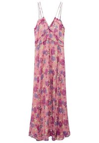 Robe maxi sans manches à fleurs roses avec fines bretelles doubles aux épaules et un décolleté en V.