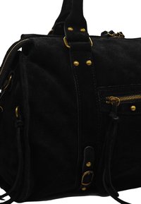 Sac à main en daim noir avec quincaillerie dorée, poche zippée et à pompons décoratifs. Design structuré avec bandoulières réglables.