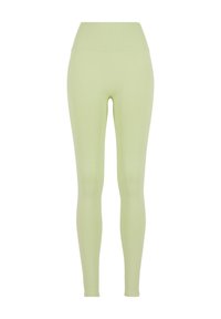 Leggings vert clair en matériau extensible avec une large ceinture côtelée. Texture lisse et design ajusté.