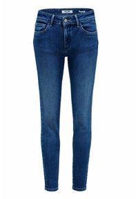 Jeans de mezclilla azul oscuro ajustados con cierre de botón, presillas para cinturón, bolsillos frontales y detalles de costura sutiles. Textura suave, diseño clásico.