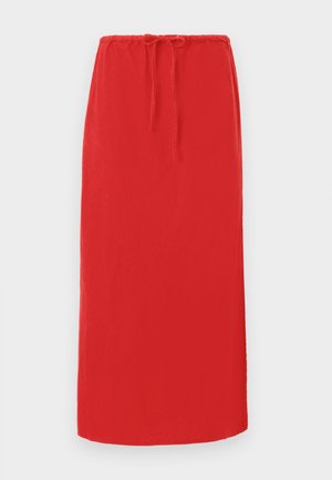 Sarkans, līdz ceļiem garš svārki, izgatavoti no viegla auduma ar elastīgu jostasvietu un savilcēju regulējamai piegulšanai. Gluda tekstūra, nav pamanāmu rakstu.