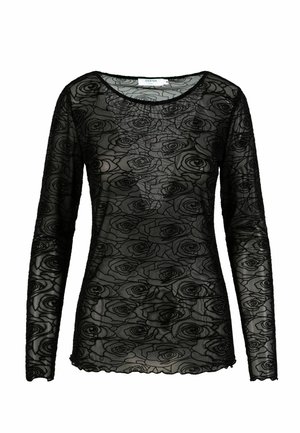 Top noir transparent à manches longues avec un col rond présentant un motif floral intégral de roses sur un tissu en maille délicate.