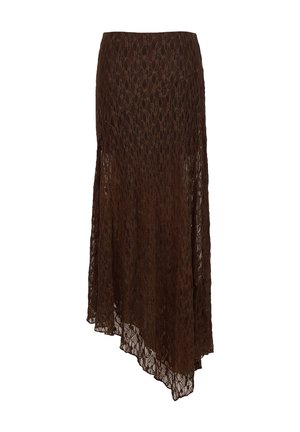 Falda de encaje marrón oscuro con cintura alta y bajo asimétrico, tela parcialmente transparente con patrón floral.