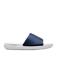 Infradito blu navy con tomaia sagomata, suola bianca e dettagli in rosso. Presenta una suola testurizzata per grip e stabilità.