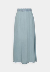 Ljusblå, ankellång kjol med elastisk midja och en slät, flödig tygtextur mot en vit bakgrund.