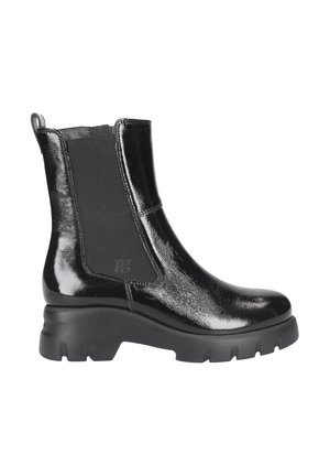 Black ankle boots with a shiny patent finish, elastic side panels, and a chunky sole. The design features subtle branding on the side.