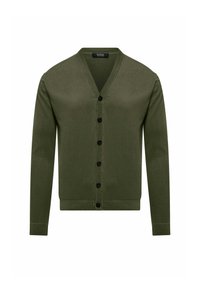 Cardigan verde oliva con scollo a V, maniche lunghe, chiusura con bottoni e polsini e fondo a costine. Realizzato in morbido tessuto a maglia.