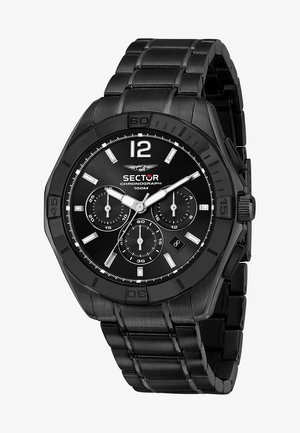 Orologio cronografo nero con cinturino in acciaio inossidabile, dotato di un quadrante scuro, accenti argentati, tre sottodial e finestra della data a ore 6.