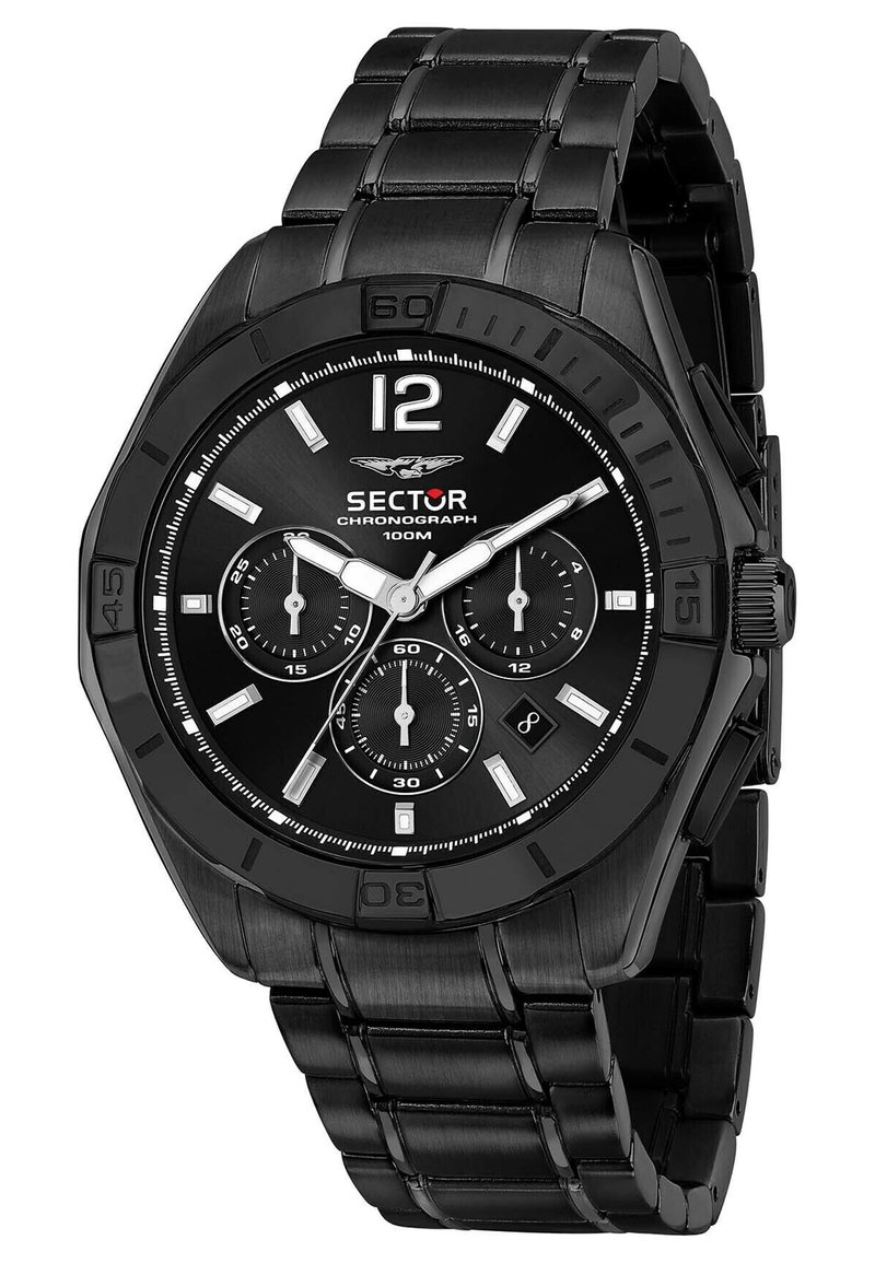 Orologio cronografo nero con cinturino in acciaio inossidabile, dotato di un quadrante scuro, accenti argentati, tre sottodial e finestra della data a ore 6.