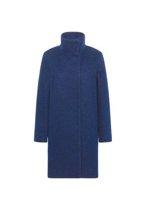 Navyblauer Wollmantel mit hohem Kragen, langen Ärmeln und geradem Schnitt. Merkmale eines minimalistischen Designs und eines weichen, strukturierten Stoffes.