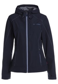 Mörkblå softshell-jacka med huva, frontdragkedja och två sidofickor. Har kontrasterande sömmar och en logotyp på bröstet.