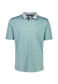 Polo a maniche corte in teal chiaro, con colletto a contrasto navy. Realizzato in tessuto morbido con una chiusura a tre bottoni.