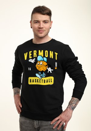 Černá mikina s dlouhými rukávy a kulatým výstřihem, se žlutým potiskem "VERMONT BASKETBALL" a karikaturou basketbalového míče.