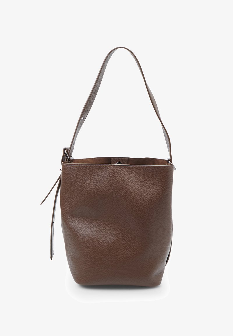 Braune Leder-Eimer-Tasche mit strukturierter Oberfläche, einem verstellbaren Tragegurt und einem Zugverschluss. Glattes Innenfutter.