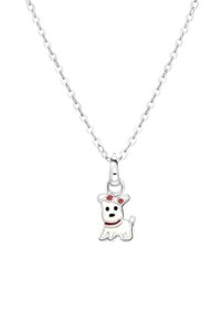 Silberne Ketten Halskette mit einem Hund charm, ausgestattet mit weißem Emaille, schwarzen Punkten für die Augen und roten Akzenten an den Ohren und dem Halsband.