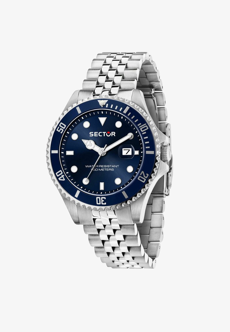 Orologio Sector con cinturino in acciaio inossidabile, quadrante blu, lunetta argentata, indicatori luminescenti e finestra per la data a ore 3. Waterproof fino a 300 metri.