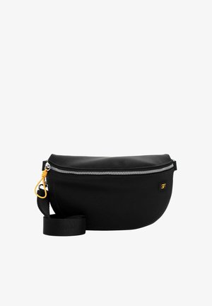 Zwarte heuptas met zilveren ritssluiting, gele ritslus, patch met klein logo en verstelbare zwarte band tegen een witte achtergrond.