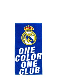 Asciugamano blu con il logo del Real Madrid al centro, e il testo "UN COLORE UN CLUB" in lettere bianche grasse in fondo.