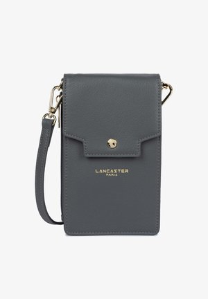 Gray leather phone pouch with a fold-over flap, gold snap closure, embossed "Lancaster Paris" logo, and a detachable strap.