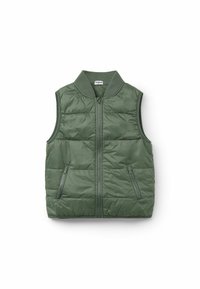 Zelená prošívaná vesta s předním zipem, stojáčkovým límcem a dvěma bočními zipovými kapsami. Disponuje prošívanou strukturou a bezrukávovým designem.