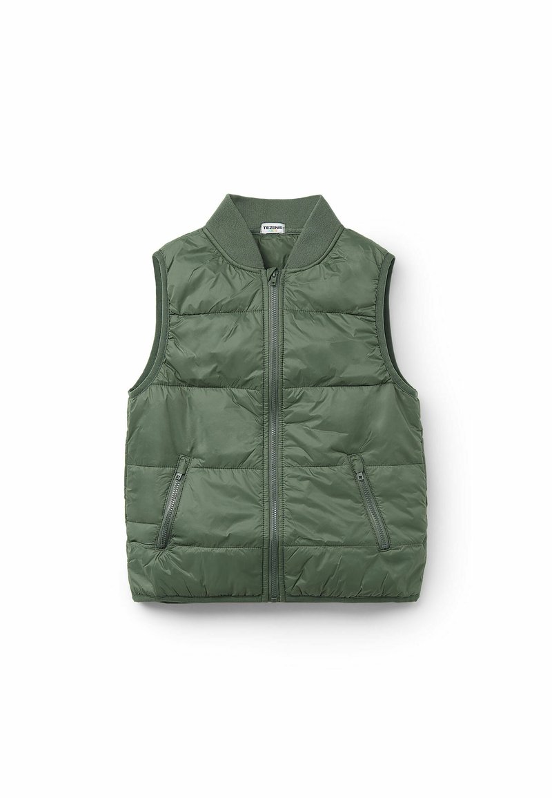 Zelená prošívaná vesta s předním zipem, stojáčkovým límcem a dvěma bočními zipovými kapsami. Disponuje prošívanou strukturou a bezrukávovým designem.