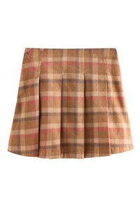 Brown plaid skirt with pleats, featuring beige, pink, and blue stripes. Made from corduroy, it has a textured surface.
