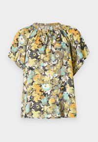Blomsterbluse med korte ermer, har rund halslinje, rynket detaljering og flerfargede mønstre i gult, grønt og blått.