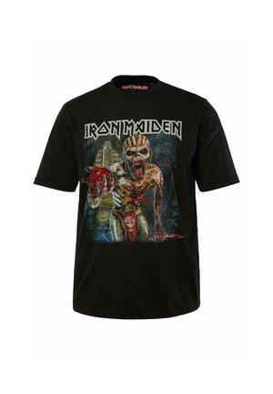 Zwart katoenen T-shirt met een grafische print van een zombie-achtige figuur met rode accenten, textuurdetails en de tekst "Iron Maiden" erboven.