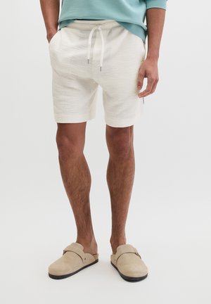 Man draagt gebreide off-white shorts met trekoog, een lichtblauw overhemd en beige instapschoenen, staand met handen in de zakken.