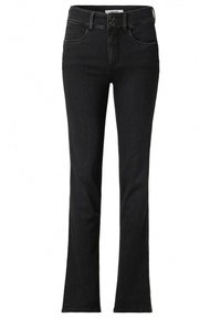 Svarta högmidjade jeans med fram- och bakfickor, knäppning och lätt utsvängda ben, uppvisade på en vit bakgrund.