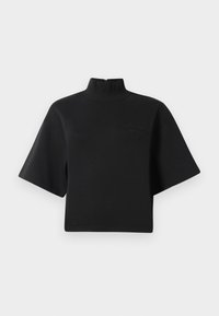 Schwarzer, kurzer Sweatshirt mit Cropped-Design und kurzen Ärmeln sowie einem Stehkragen. Auf der Brust befindet sich subtil geprägter Text. Das Ganze ist vor einem schlichten weißen Hintergrund präsentiert.