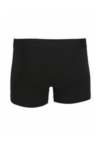 Black boxer shorts made of smooth, stretchy fabric. Features a wide waistband and seamless design with a snug fit. No visible patterns.
