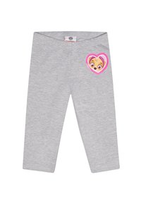Grijze leggings van zachte stof met een afbeelding van het gezicht van een personage binnen een roze hart op de linker bovenbeen.