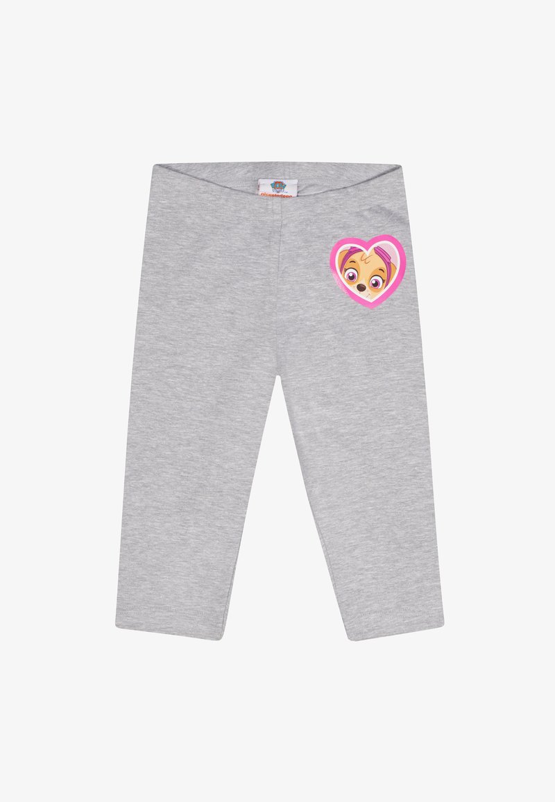 Grijze leggings van zachte stof met een afbeelding van het gezicht van een personage binnen een roze hart op de linker bovenbeen.