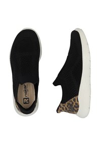 Black knit slip-on shoes with a textured upper, featuring a leopard print accent on the heel and a white rubber sole.