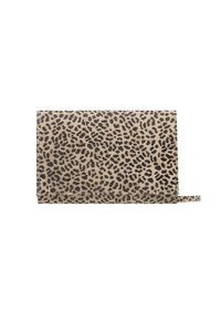 Portafoglio a stampa leopardo in beige e nero, realizzato in materiale liscio, con forma rettangolare e una piccola tracolla laterale.
